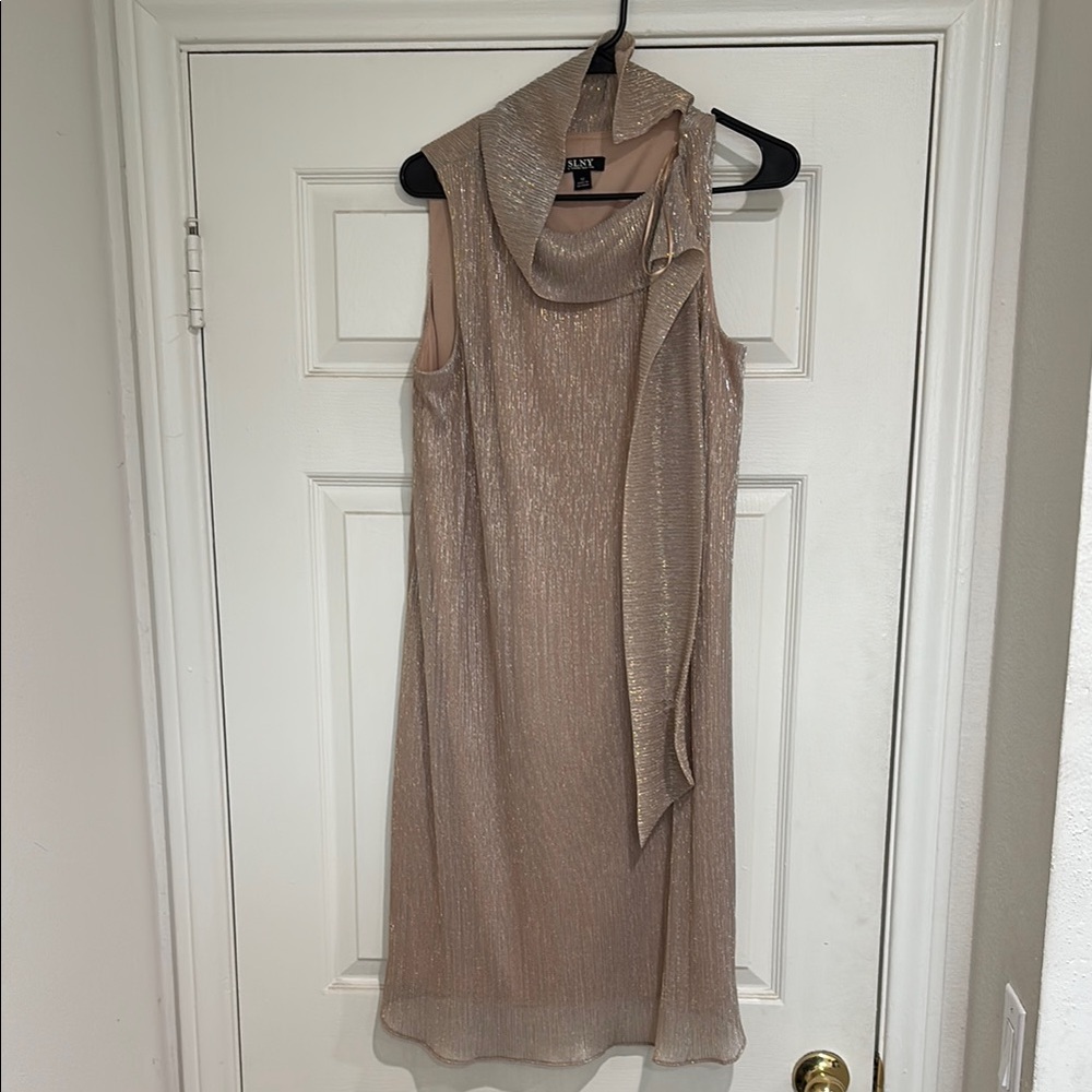 SLNY Tan Sheath Mini Dress Cowl Neck Sleeveless